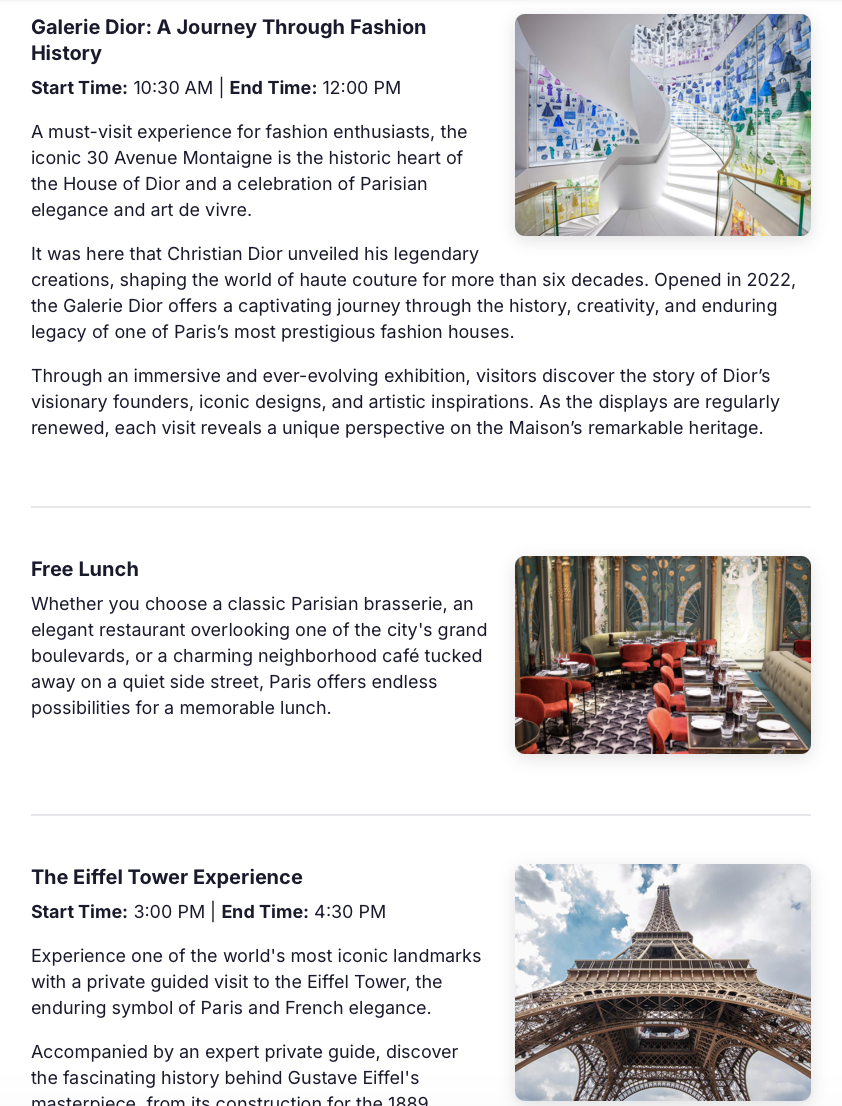 A branded client itinerary generated by POM