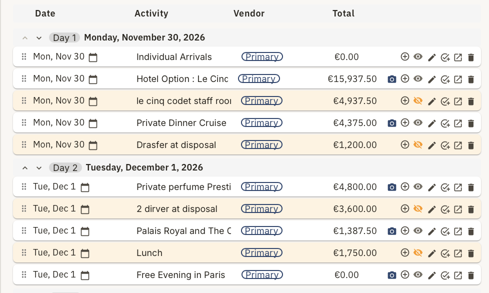 Day-by-day drag-and-drop trip builder in POM