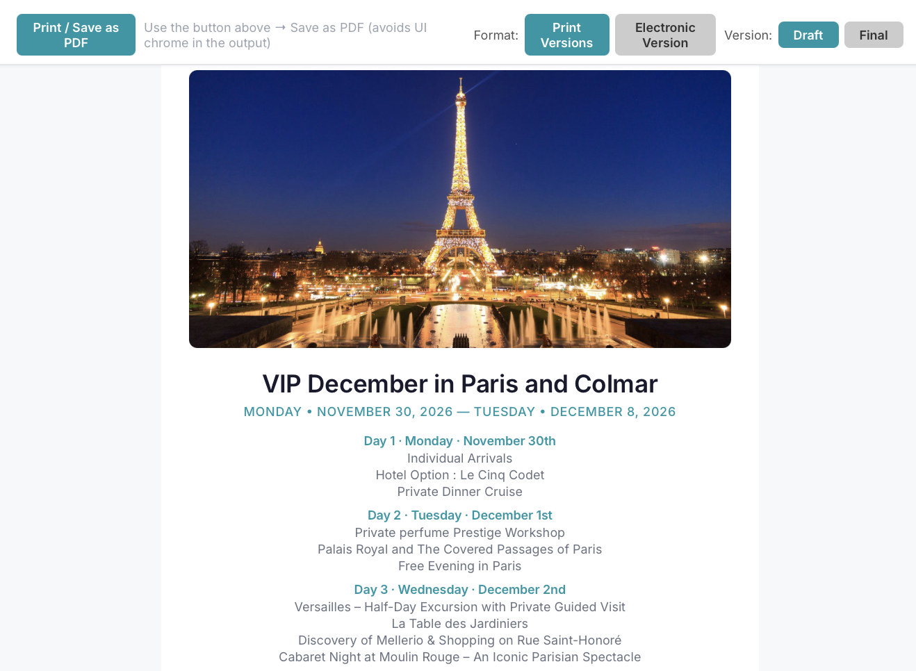 Branded client-ready itinerary generated by POM
